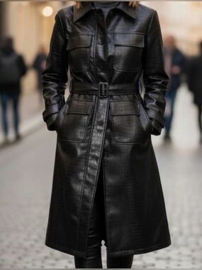 Jason Wu Black Croc Faux-Leather Belted Trench Coat